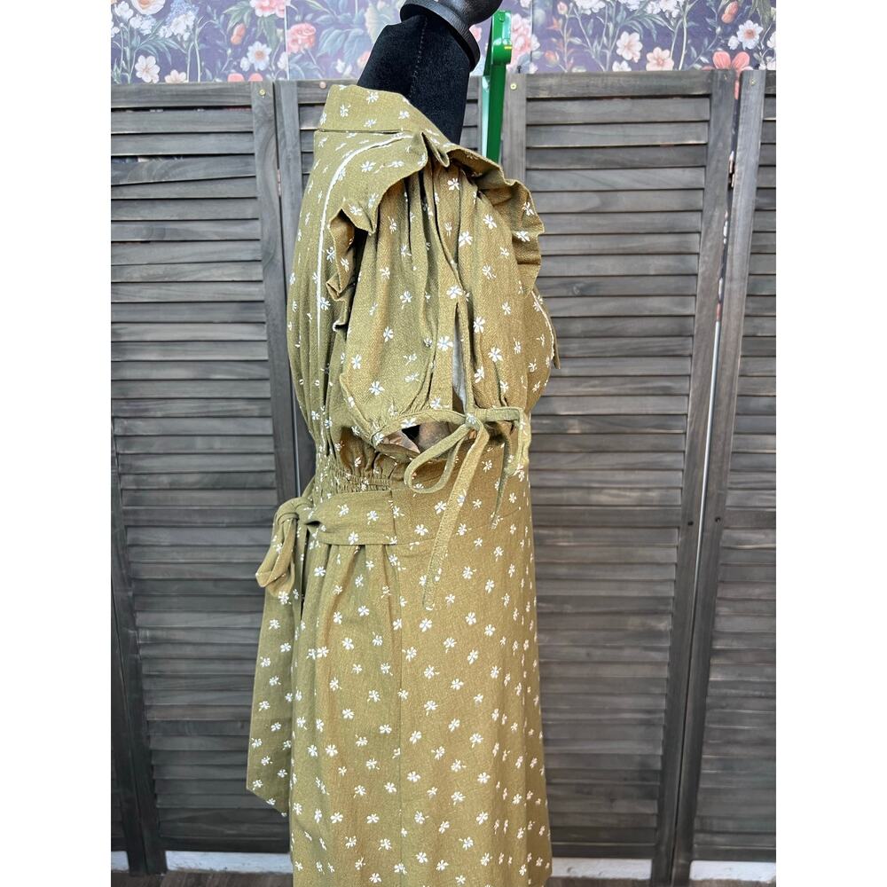 Bohme Olive Green Ditsy Floral 100% Cotton Puff Sleeve Mini Dress S NWOT Smocked - Picture 7 of 10